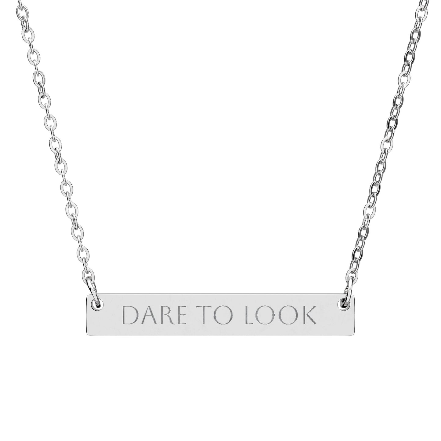 Horizontal Bar Necklace — "DARE TO LOOK" Engraved Awareness Jewelry for Anti–Human Trafficking