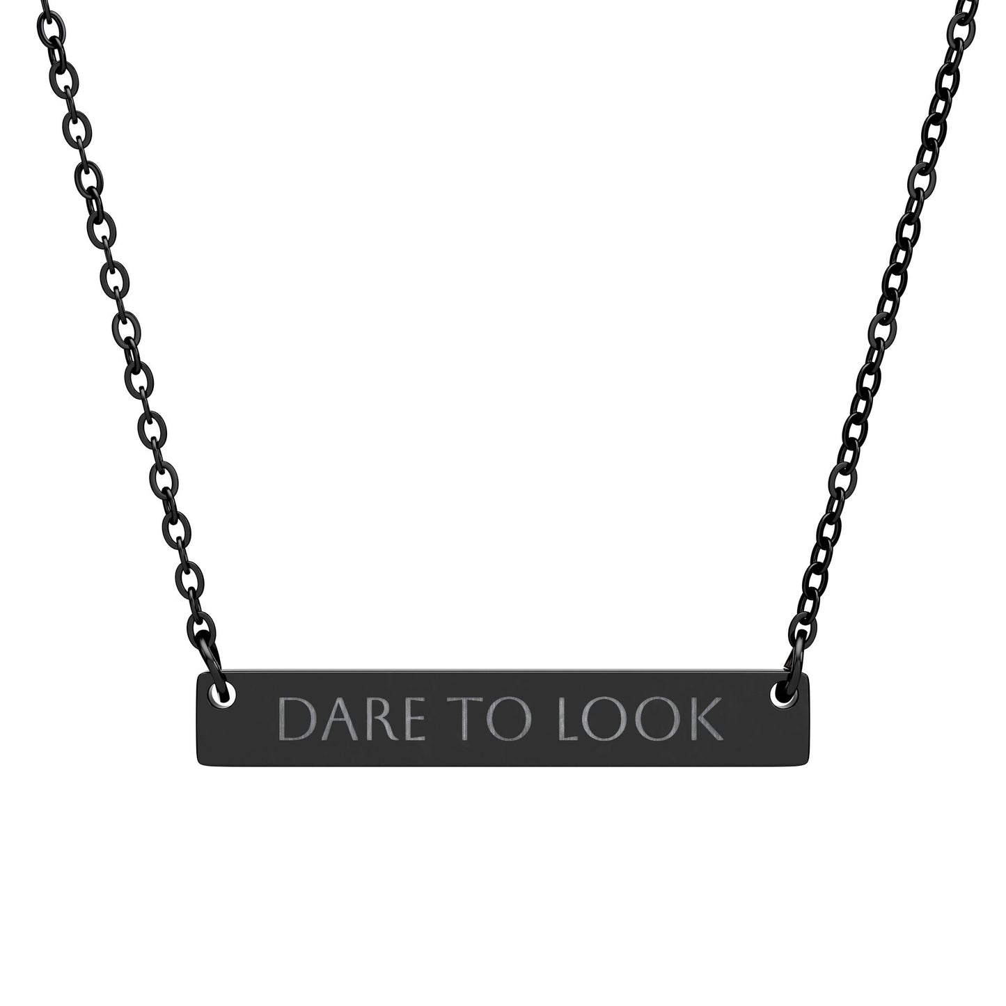 Horizontal Bar Necklace — "DARE TO LOOK" Engraved Awareness Jewelry for Anti–Human Trafficking