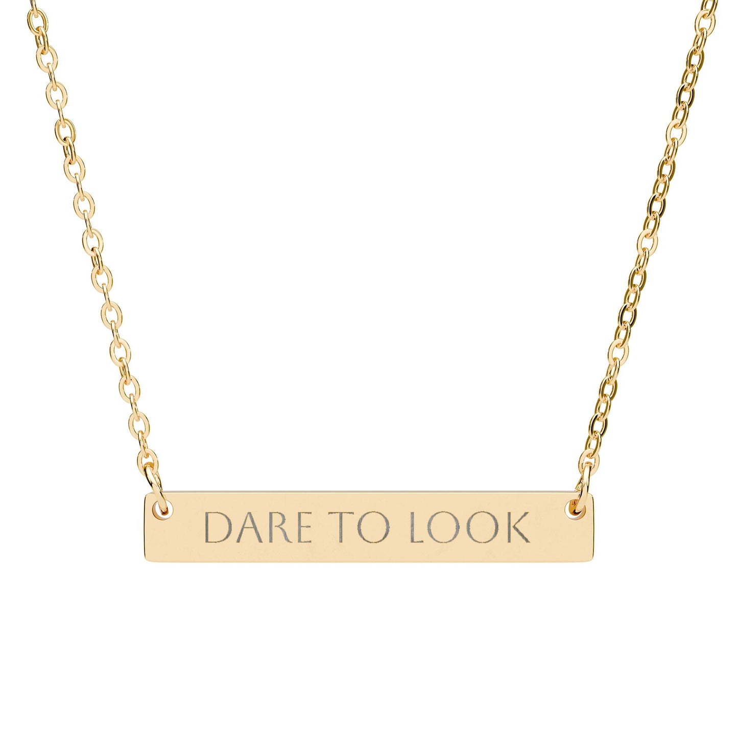 Horizontal Bar Necklace — "DARE TO LOOK" Engraved Awareness Jewelry for Anti–Human Trafficking