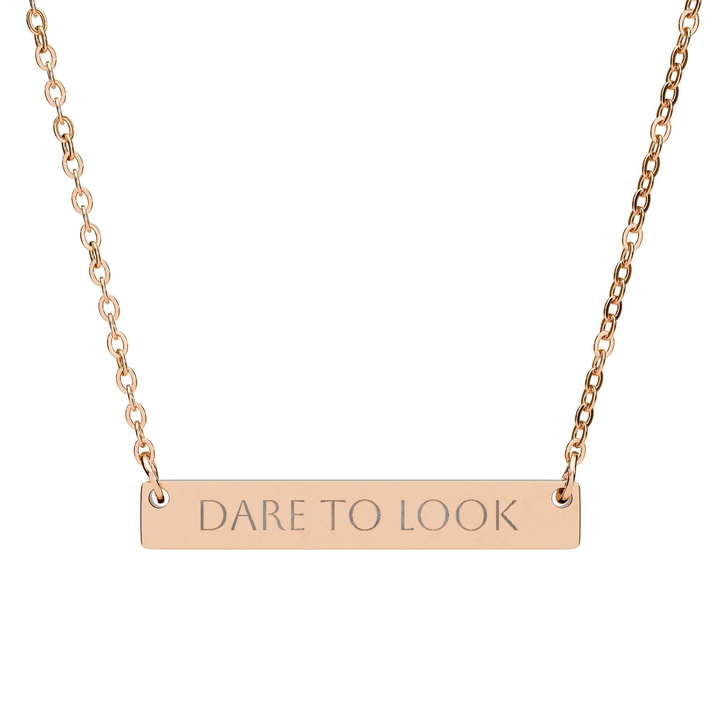 Horizontal Bar Necklace — "DARE TO LOOK" Engraved Awareness Jewelry for Anti–Human Trafficking