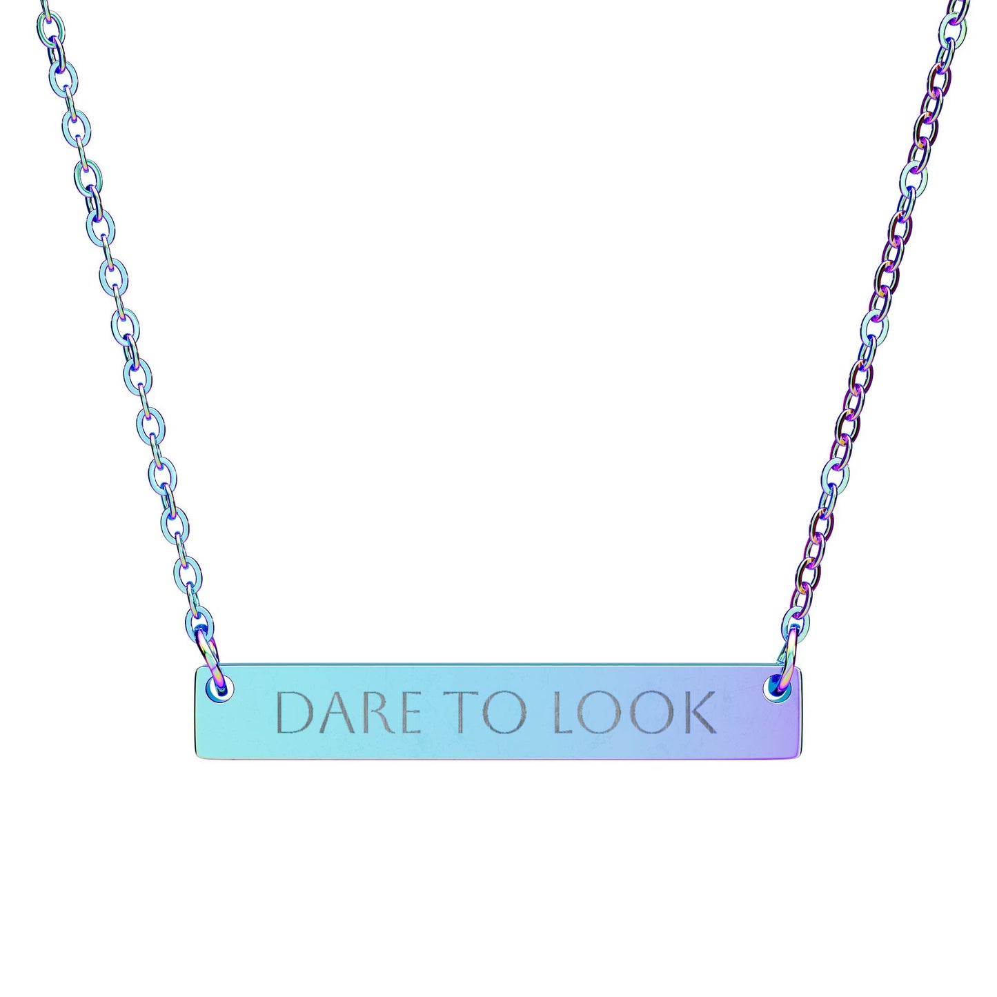 Horizontal Bar Necklace — "DARE TO LOOK" Engraved Awareness Jewelry for Anti–Human Trafficking